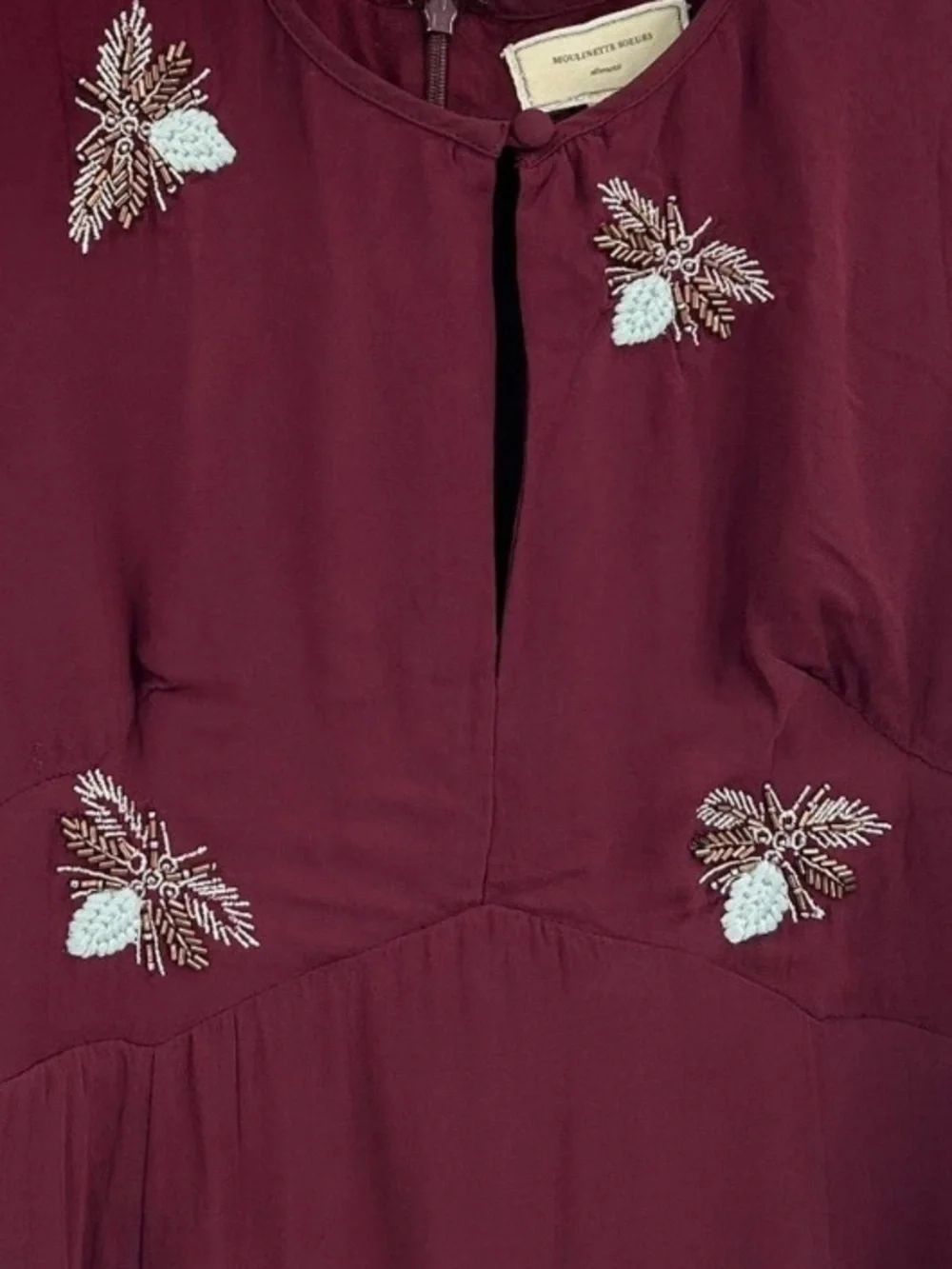 Moulinette Soeurs Anthropologie Embroidered Bee Silk Blend Dress Burgundy Size 2